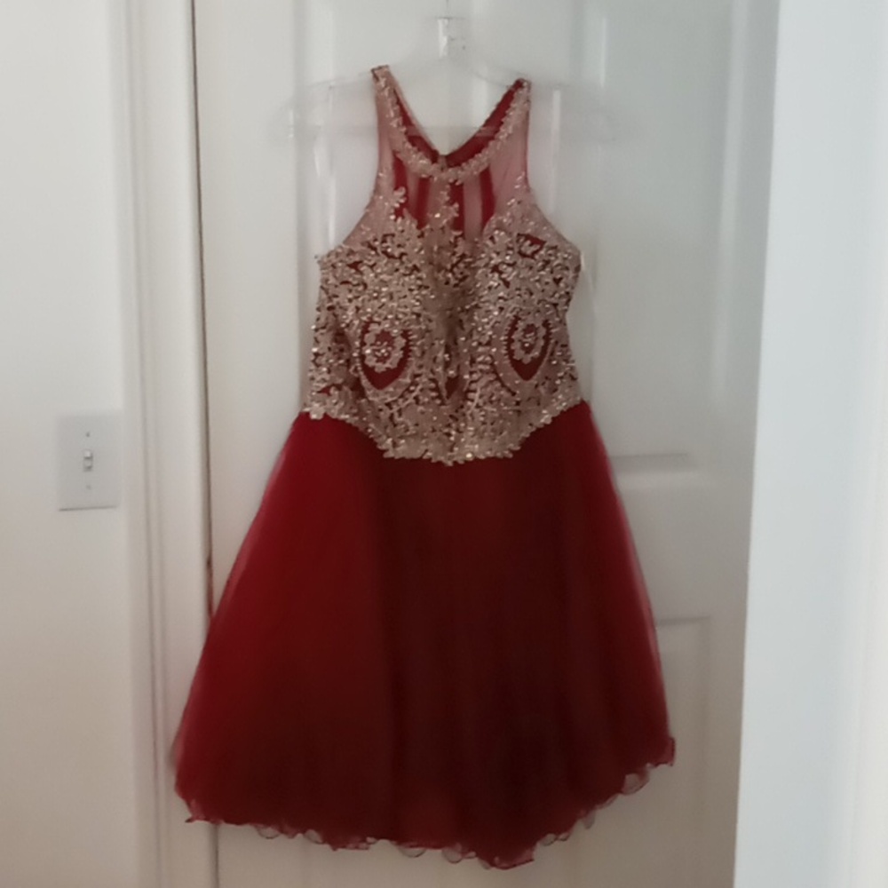 Dancing Queen Red and Gold Embellished Evening Dress